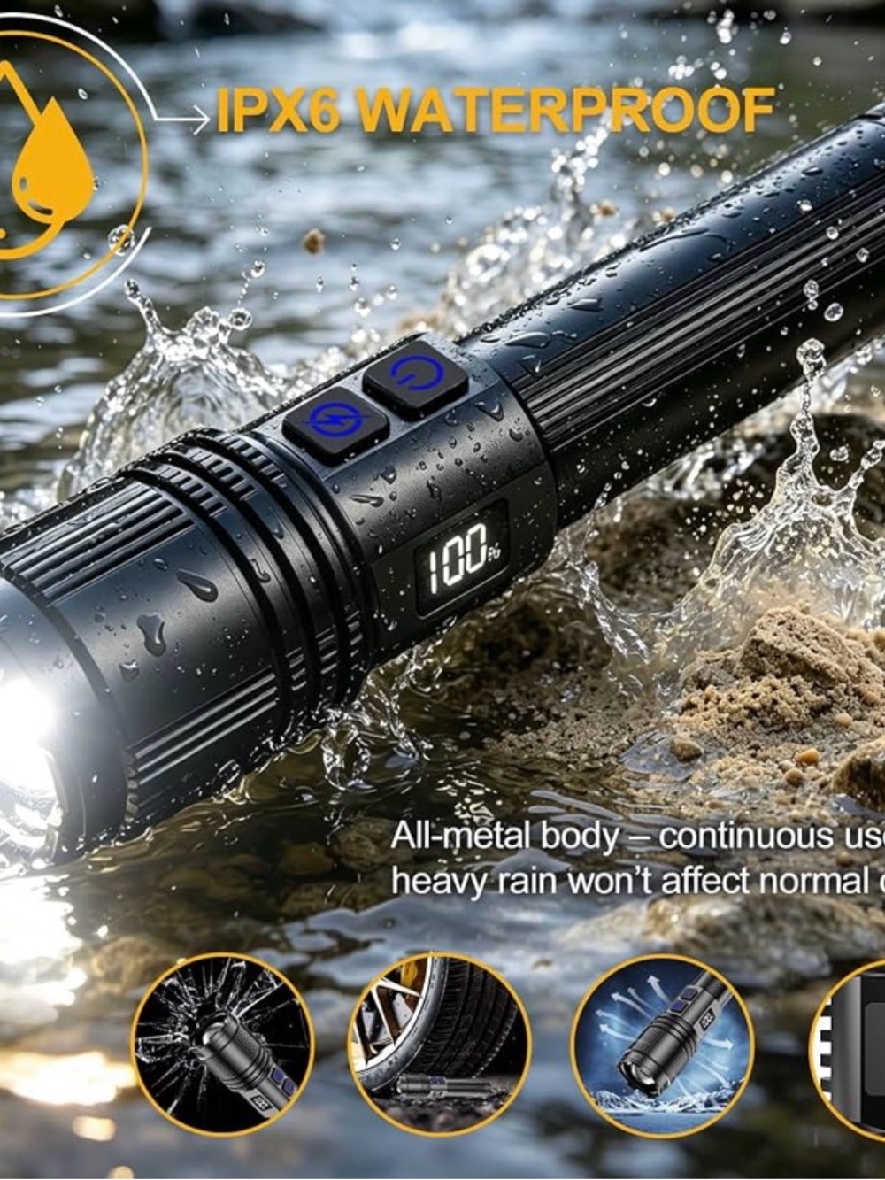 Waterproof Tactical LED Flashlight for Men - Black